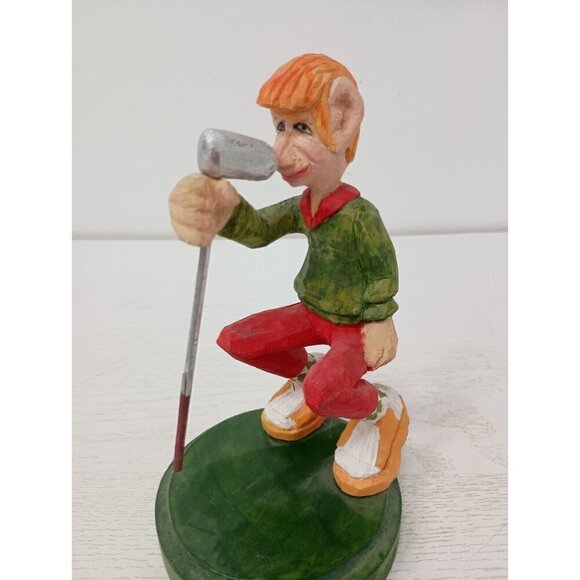 Vintage Hand Carved Wood Male Golfer Figurine Folk Art Hand Painted Golf Decor - Picture 3 of 7